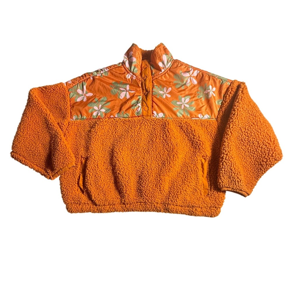 PacSun‎ Orange Sherpa Fleece Floral Yoke Quarter Snap Jacket Womens Small-985